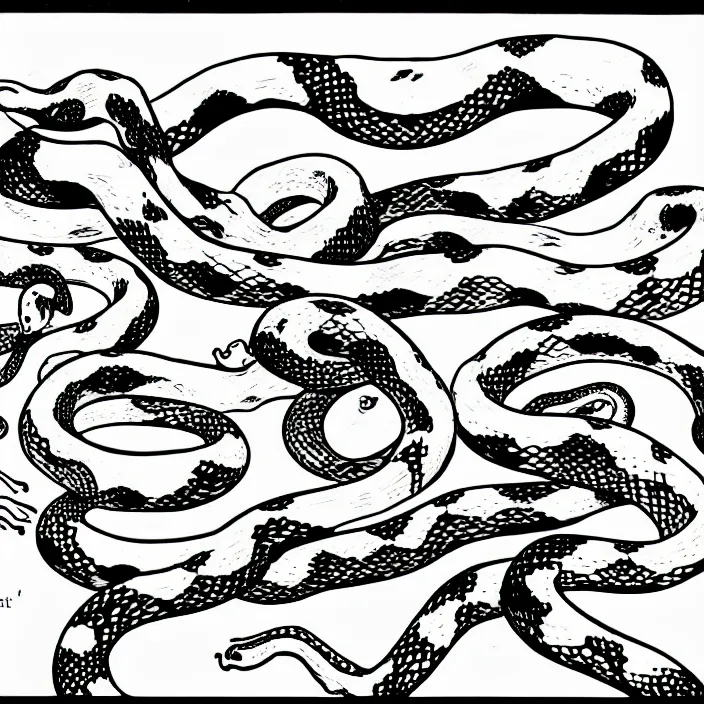 Prompt: a still frame from comic strip, a bouquet of snakes 1 9 5 0, herluf bidstrup, new yorker illustration, monochrome contrast bw, lineart, manga, tadanori yokoo, simplified,