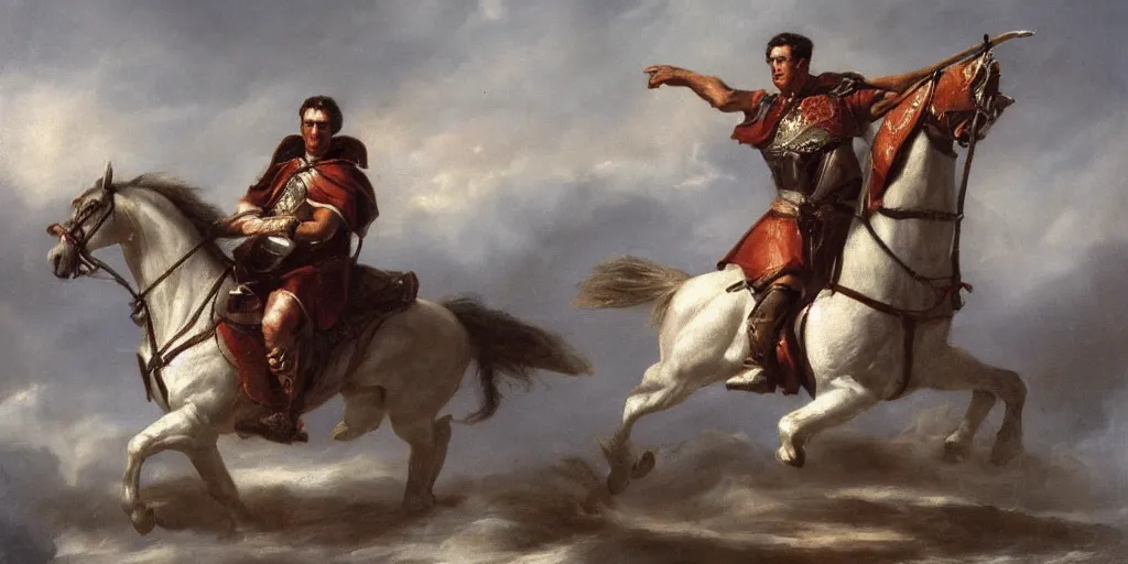 Image similar to Highly detailed and atmospheric Romantic-period oil painting of Julius Caesar riding a horse, dynamic lighting, 8K