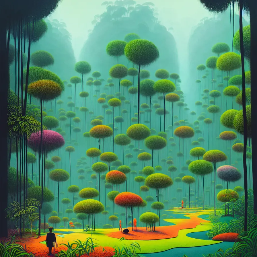 Image similar to surreal glimpse, malaysia jungle, summer morning, very coherent and colorful high contrast pastel art by gediminas pranckevicius james gilleard james gurney floralpunk screen printing woodblock, dark shadows, hard lighting, stippling dots,