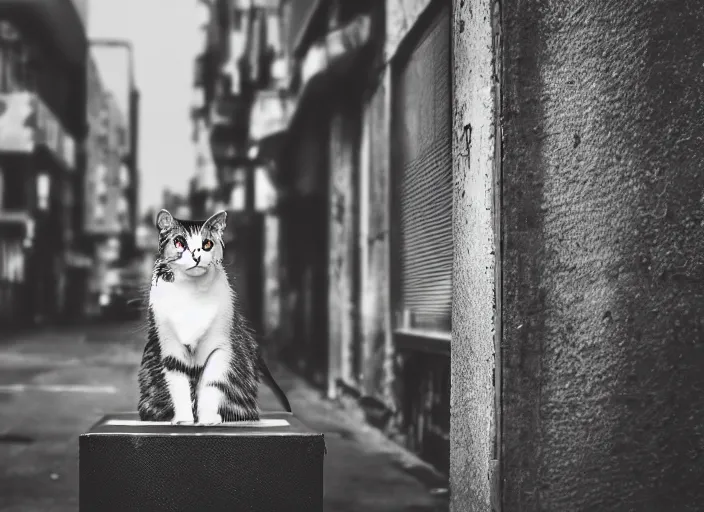 Image similar to photography of a Cat sitting on a box. in a cyberpunk street, award winning photo, 100mm, sharp, high res