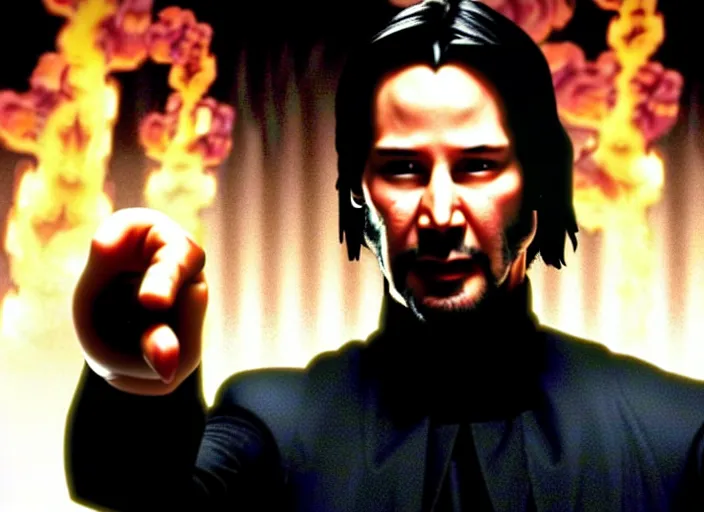 Image similar to A photo of Keanu Reeves as Neo in The Matrix movie doing a thumb up to the camera in front on burning servers, servers in flames in the background, happy system administrator doing a thumb up, uncropped, full body, crispy, ultra detailed