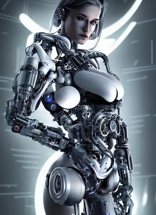 Prompt: photorealistic detailed full body picture of a female cyborg, pretty face with arms and legs, glamour pose, long hair, neon lights, humanoid, extreme, uhdr, book called the most influental cyborg in 2 0 5 0, fine details, highly detailed, intricate, smooth sharp focus, symmetrical features, environmental portrait