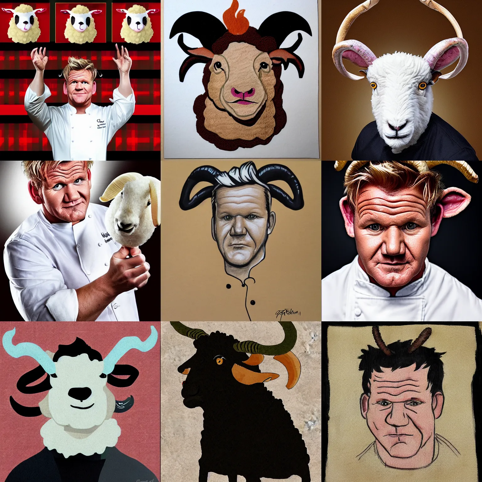 Image similar to portrait of chef! gordon ramsay! as a ram sheep with horns and wool