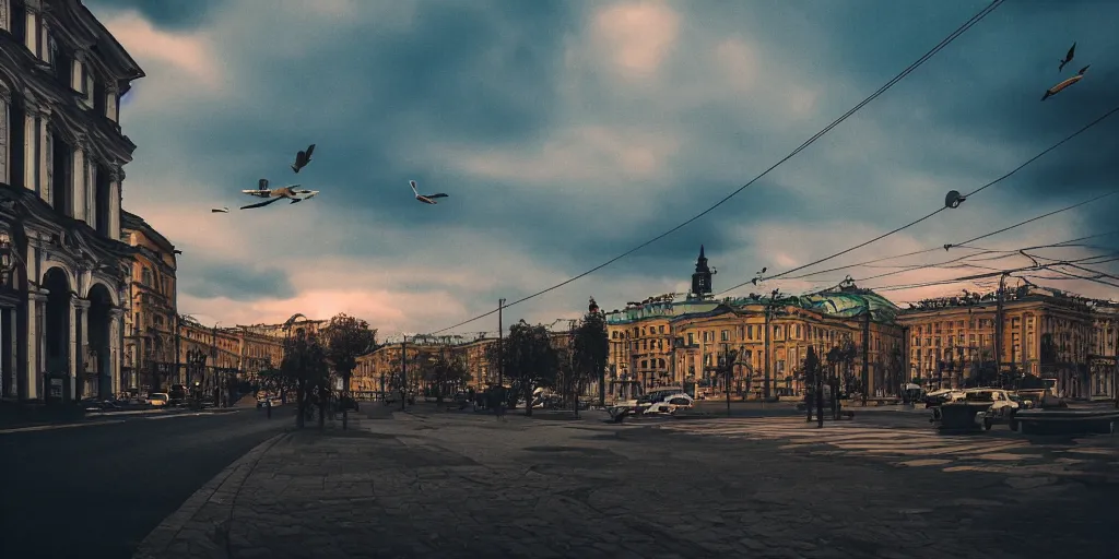 Prompt: cinematic street shot of a flying laputa city, saint petersburg, telephoto, anamorphic cinematography, beautiful composition, color theory, leading lines, photorealistic, moody volumetric lighting