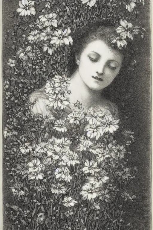 Prompt: black and white, women faces in flowers, Gustave Dore lithography