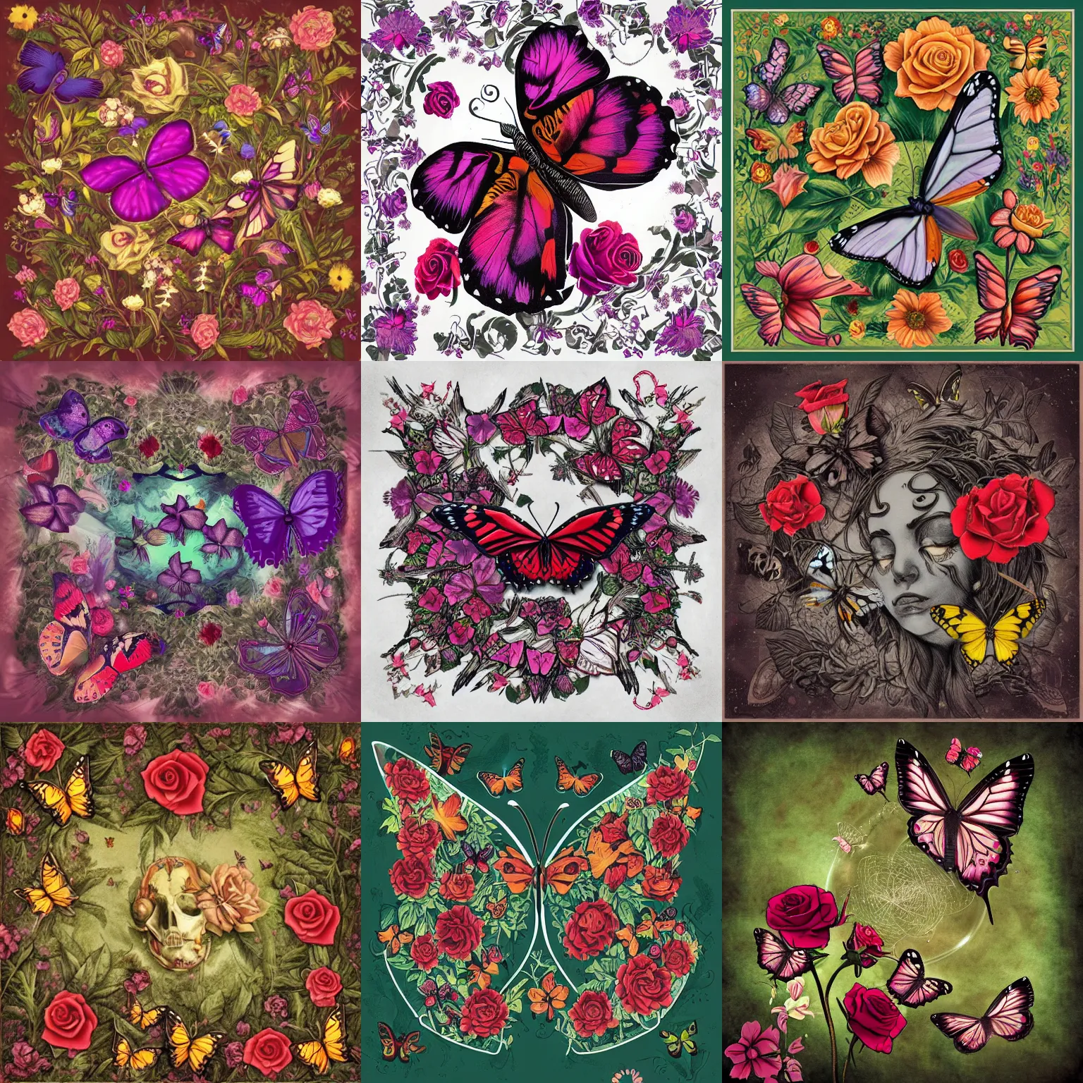 Prompt: Butterflies and roses, album cover, doom metal, no logo