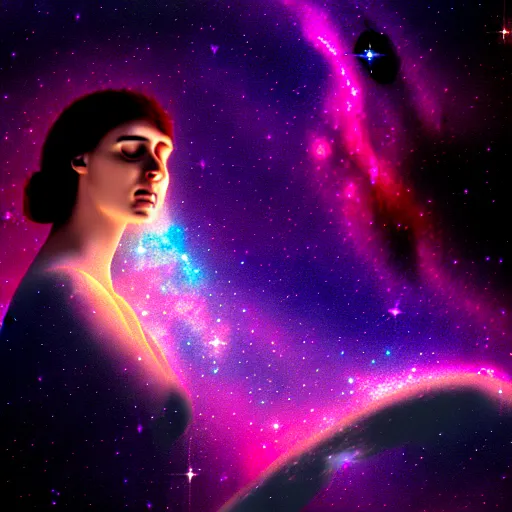 Image similar to hypatia dreaming of galaxies and nebulae, photorealistic