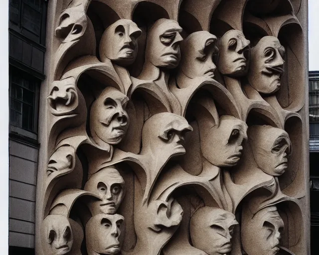 Prompt: by francis bacon, vivian maier, mystical redscale photography evocative. an intricate fractal concrete carved sculpture of the secret faces of god, standing in a city center.