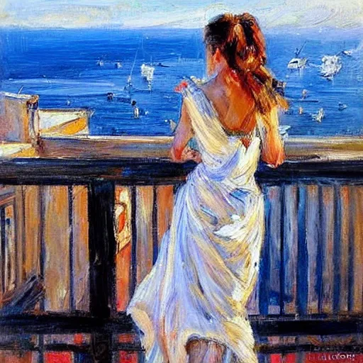 Image similar to the maiden standing on the balcony overlooking the aegean sea by andrew atroshenko impressionist portrait