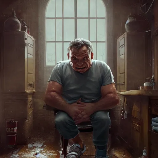 Image similar to viktor orban with detailed eyes, sitting on the toilet and eating bacon by greg rutkowski, highly detailed, octane render, 4 k, 8 k, hdr, cgsociety, amazing lightning, masterpiece