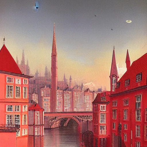 Prompt: A beautiful photograph of a cityscape with tall spires and delicate bridges. astrophotography, pastel red by Thomas Gainsborough, by Helmut Newton harrowing