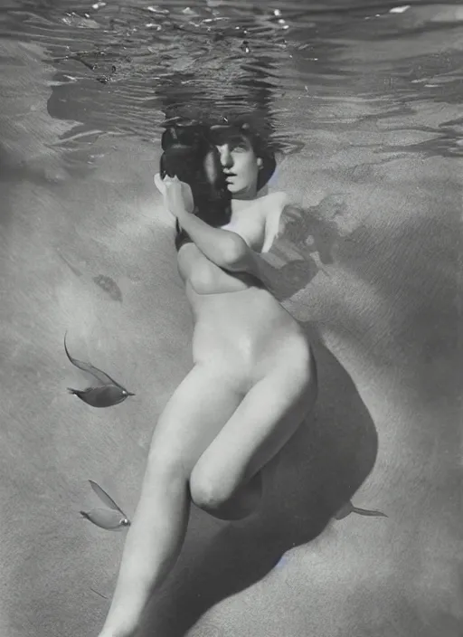 Image similar to girl in a aquarium as a tropical fish, surreal photography by Man Ray