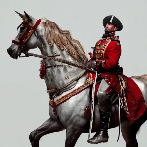 Prompt: portrait of russian hussar on horse, posing with sabre, shot from The Duellists movie and the deluge, 4k resolution, detailed, concept art, realistic