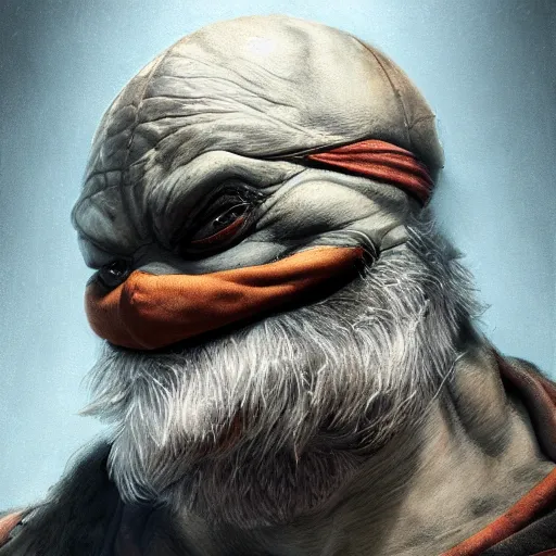 Prompt: teenage mutant ninja turtle, michelangelo, old, white beard, wrinkles, handsome, portrait, profile, intricate, detailed, volumetric lighting, scenery, digital painting, highly detailed, artstation, sharp focus, illustration, concept art, ruan jia, steve mccurry