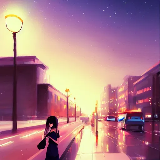 Image similar to a girl smoking, beautiful face, street at night, long hairfine art painting by makoto shinkai, featured on pixiv, hd