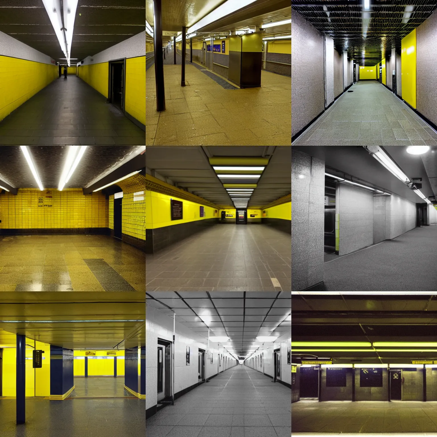 Prompt: Found footage of a subway station in the backrooms - moist carpet, walls with a monochromatic tone of yellow, and buzzing fluorescent lights