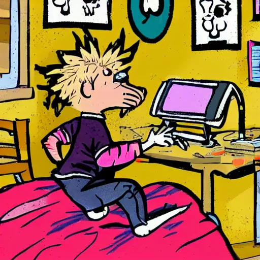 Prompt: a cartoon honey badger wearing shorts and playing video games in a messy room, very detailed
