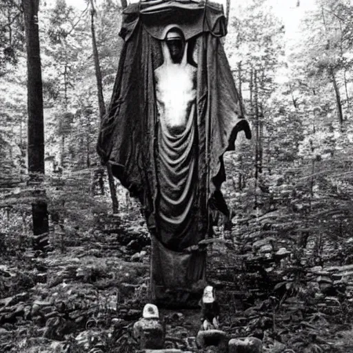 Image similar to old photograph of an occult alien shrine in an eerie forest with an astronaut standing in front of the shrine