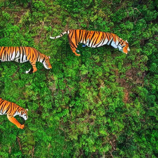 Prompt: drone photograph of tigers fleeing deforestation in the jungle