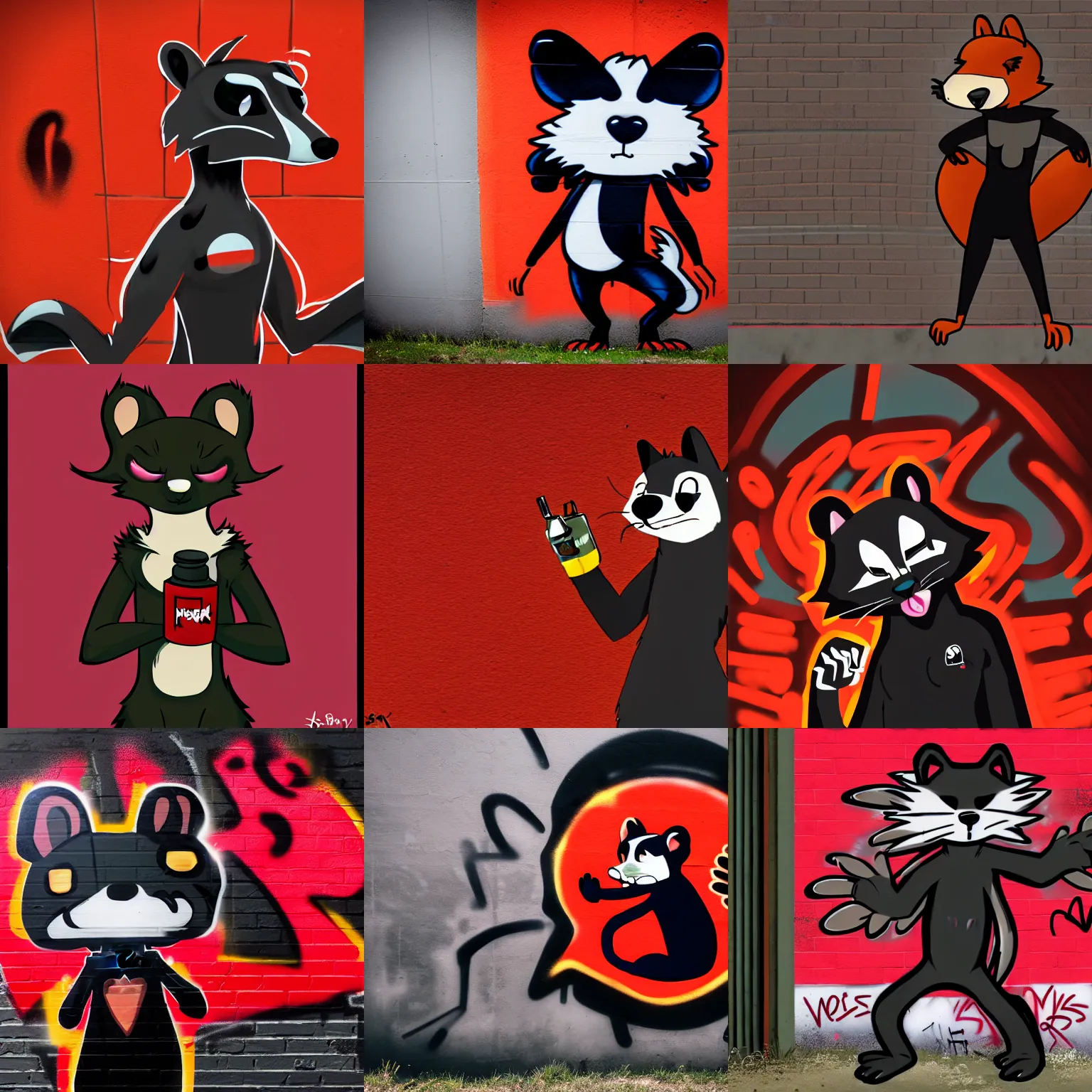 Prompt: photo ( far _ shot ), subject [ furry _ fandom _ fursona _ original _ character ( red - black, anthropomorphic _ humanoid _ furry, weasel - ferret - stoat ) ], background ( dark _ smokiness ), medium [ graffiti ], artist ( spake _ the _ weasel )