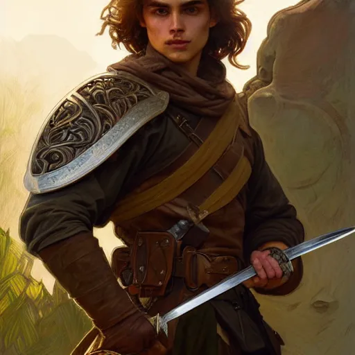 Image similar to portrait of a young rugged ranger holding his longsword up, hands, muscular, upper body, D&D, fantasy, intricate, elegant, highly detailed, digital painting, artstation, concept art, smooth, sharp focus, illustration, art by Artgerm and Greg Rutkowski and Alphonse Mucha