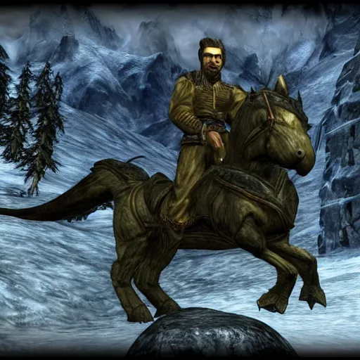 Image similar to Photo of Joseph Stalin riding the dragon from skyrim ,