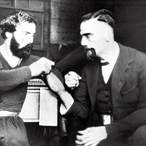 Image similar to Karl Marx boxing Ayn Rand, photo, 1920,