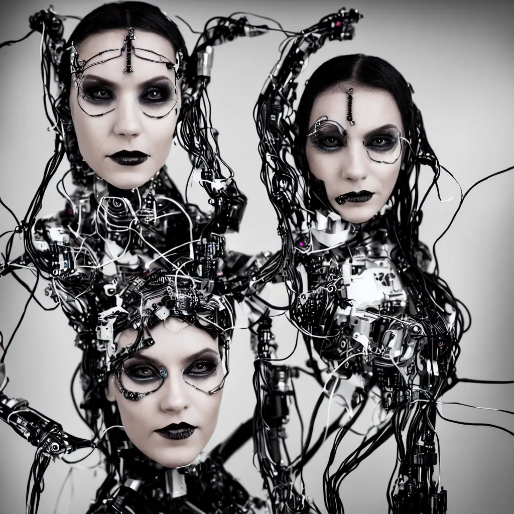 Prompt: cyborg woman front facing portrait smiling emotionally with wiring and circuitry, goth makeup, seductive, nikon, super focus, halo, wearing crown, braided hair, cinematic, studio lighting, 8 5 mm, 1 5 0 mm, goddess android