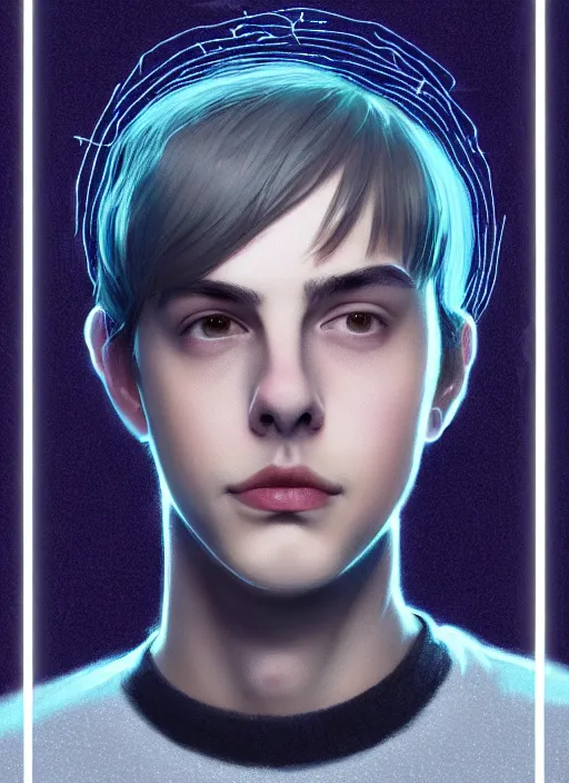 Image similar to portrait of teenage jughead jones wearing a light grey crown, crown, blue turtleneck, closed eyes, photorealistic, black hair, glowing lighting, intricate, elegant, glowing lights, highly detailed, digital painting, artstation, concept art, smooth, sharp focus, illustration, art by wlop, mars ravelo and greg rutkowski