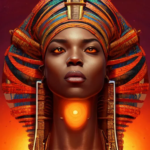 Image similar to highly detailed portrait of an african egyptian goddess, intricate alien technology, stephen bliss, unreal engine, fantasy art by greg rutkowski, loish, rhads, ferdinand knab, makoto shinkai and lois van baarle, ilya kuvshinov, rossdraws, tom bagshaw, global illumination, radiant light, detailed and intricate environment