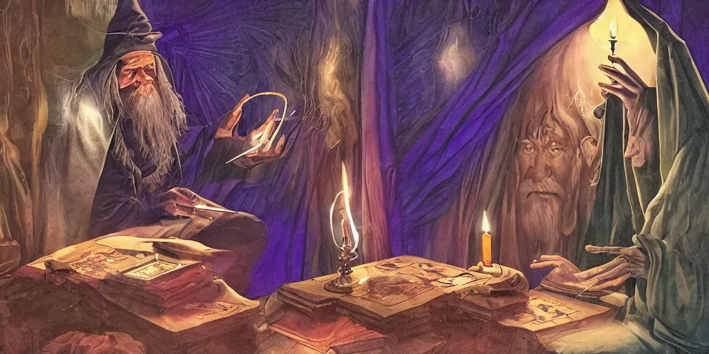 Image similar to wizard performing a tarot reading, cards, fantasy, digital art, soft lighting, 8 k