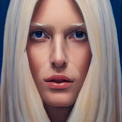 Prompt: a symmetrical portrait of a blonde woman with strong features, oil painting, pale colors, high detail, 8 k, wide angle, trending on artstation,