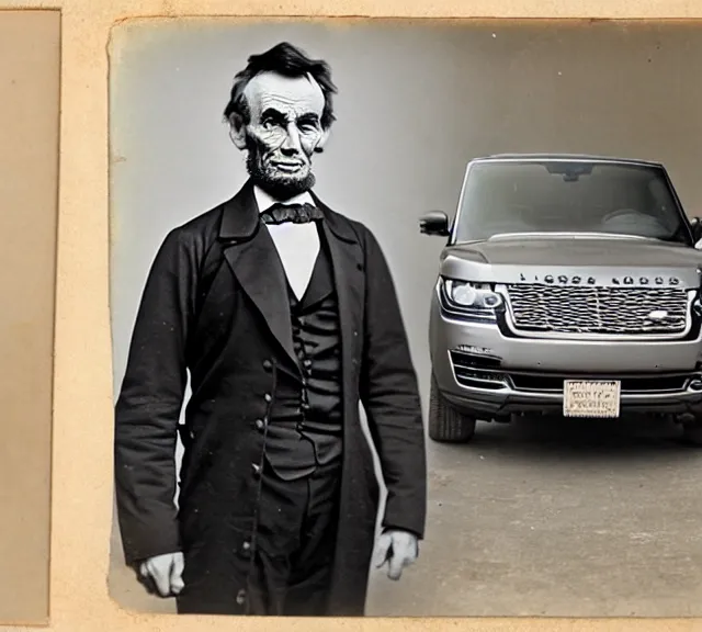 Prompt: daguerreotype photo of abraham lincoln standing next to his 2 0 1 7 range rover