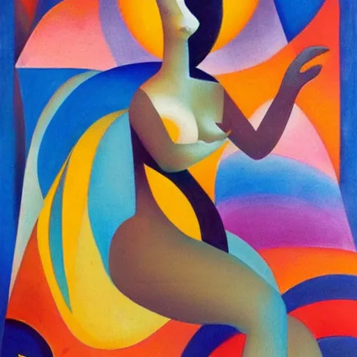 Image similar to woman woman dressed in flowers dances by the ocean at sunset, abstract art in the style of cubism and georgia o'keefe,