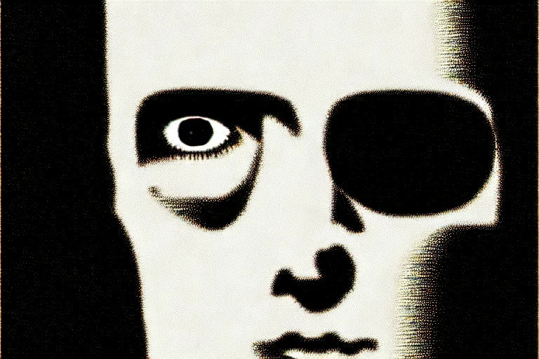 Image similar to the six million dollar man with the bionic eye, a portrait image at moma museum, hard lighting, stipple brush technique