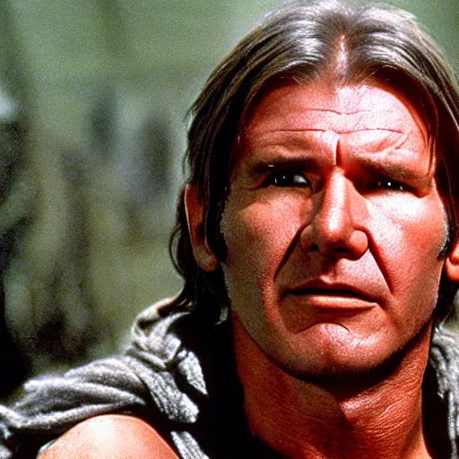 Prompt: head and shoulders portrait 3 5 mm cinema still of harrison ford playing the role of an uruk hai