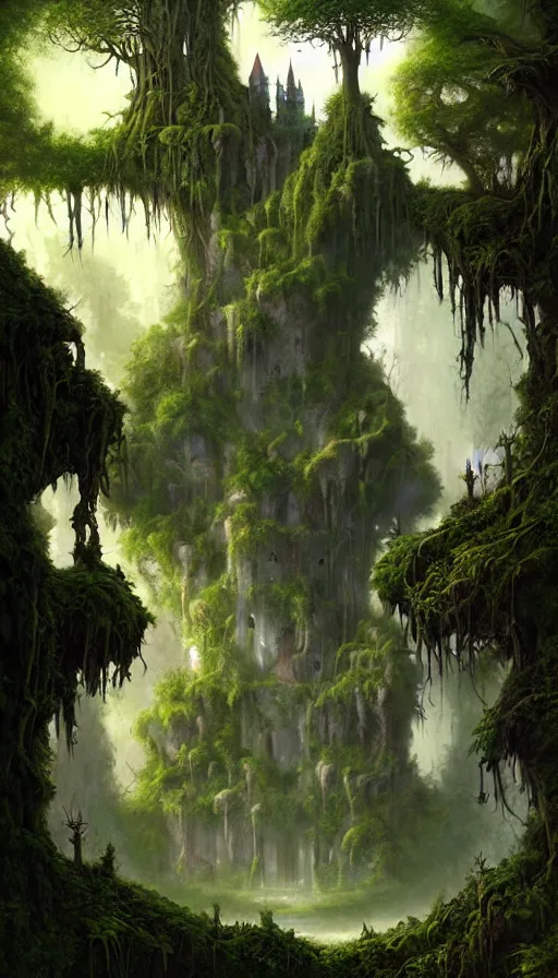 Image similar to fairy palace, castle towers, gnarly trees, lush vegetation, forest landscape, painted by tom bagshaw, raphael lacoste, eddie mendoza, alex ross concept art matte painting