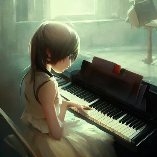 Image similar to anime girl Playing the Piano instrument , digital Art, Greg rutkowski, Trending cinematographic artstation