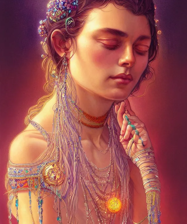 Image similar to a meditating new age hippie with beads and crystals, portrait, intricate, elegant, highly detailed, digital painting, artstation, concept art, smooth, sharp focus, illustration, art by artgerm and greg rutkowski and alphonse mucha
