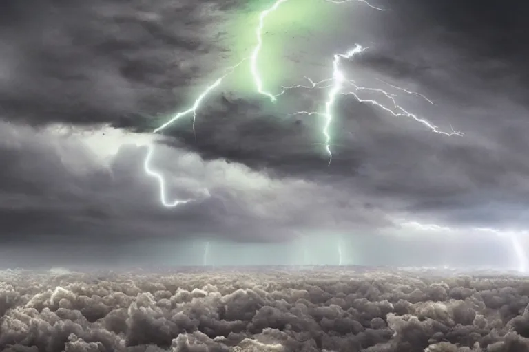 Prompt: tornado forming from a supercel cloud, rotating dark green and gray clouds, multicoloured lightning bolts shoot through the sky, debris flying around. Photo-realistic UHDR, hyperrealism, very detailed, cinematic,