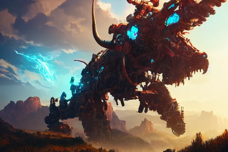 Image similar to grimhorn fanghorn machine mecanical creature robot of horizon forbidden west horizon zero dawn bioluminiscence global illumination ray tracing hdr fanart arstation by ian pesty and alena aenami artworks in 4 k