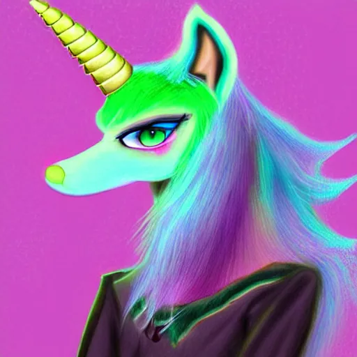 Image similar to Beautiful digital painting of an anthro anthropomorphic pastel-green unicorn-wolf hybrid, Punk outfit.