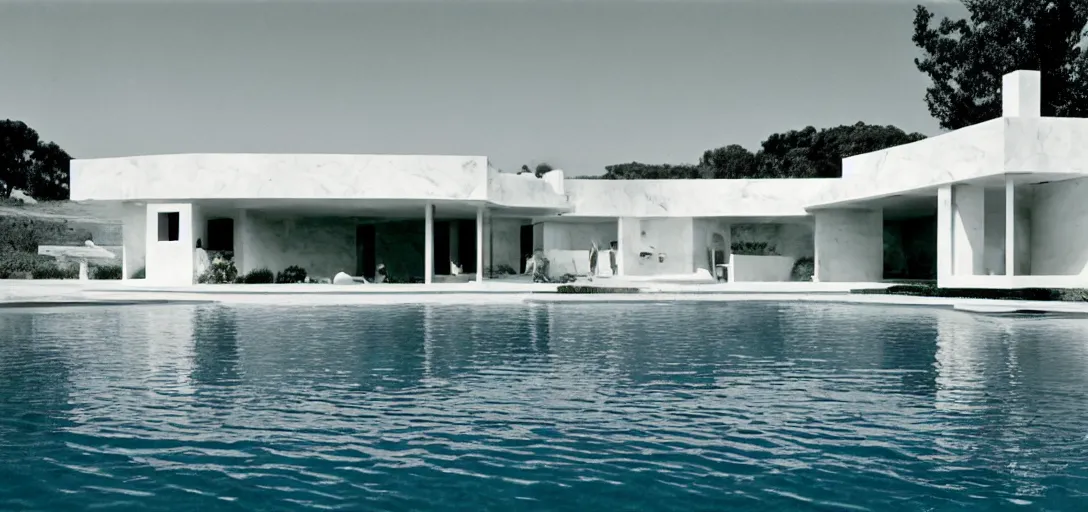 Image similar to ivory - white marble house designed by ictinus in california. photographed in 1 9 7 2. person swimming underwater in pool