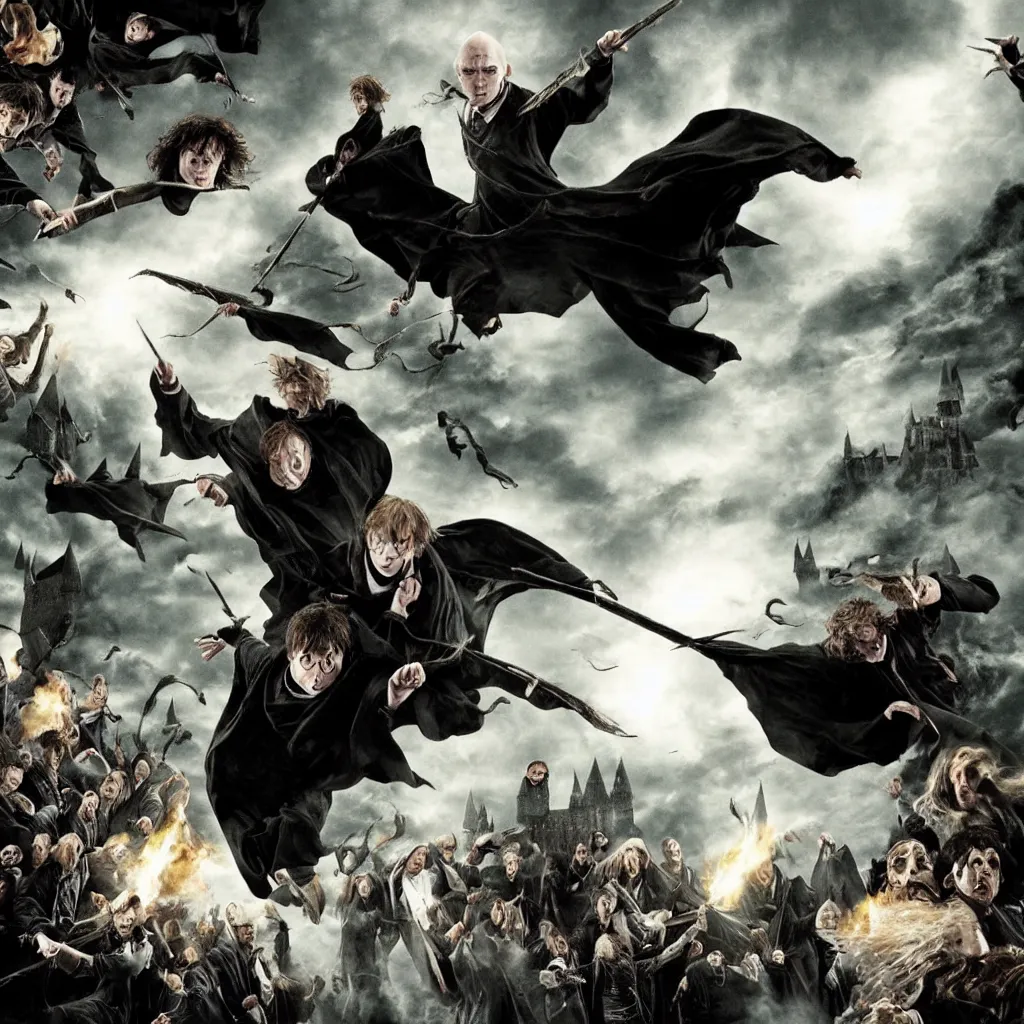 Prompt: The photo of Harry Potter joining the Voldemort and attacking Hogwarts. Highly detailed picture, movie scene, dark scene.