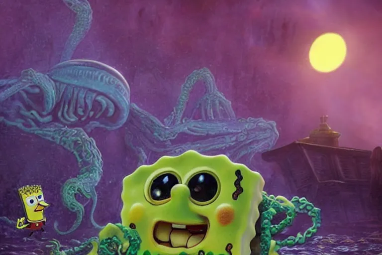 Prompt: Spongebob Cthulhu the world eater, photorealistic still from Alien Planet