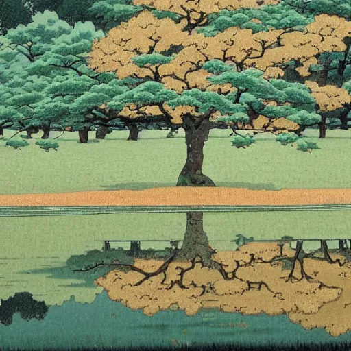 Prompt: A reflective puddle in an orchard, in the style of kawase hasui