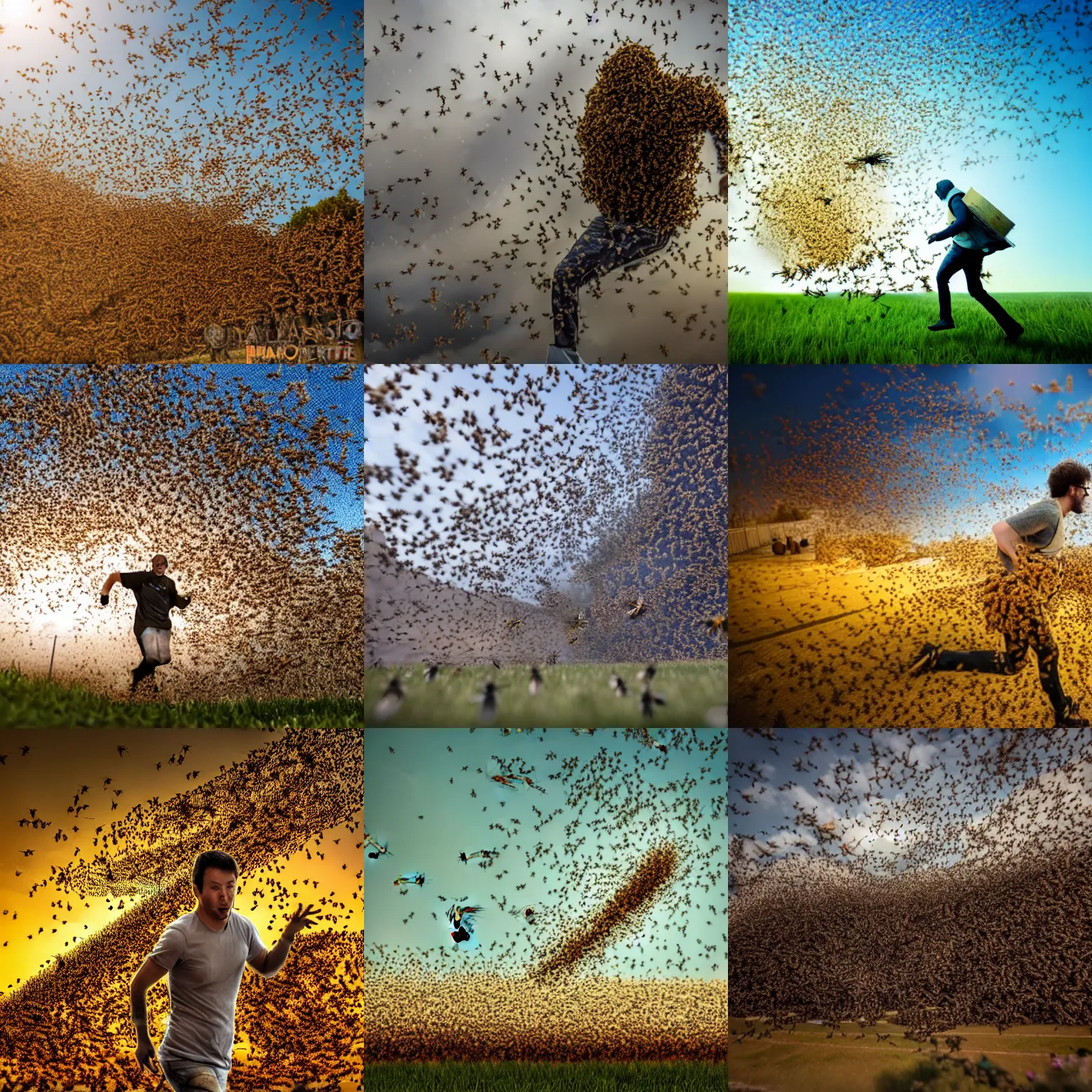 Prompt: Person chased by a swarm of bees, dramatic lighting photograph 4k realistic high quality