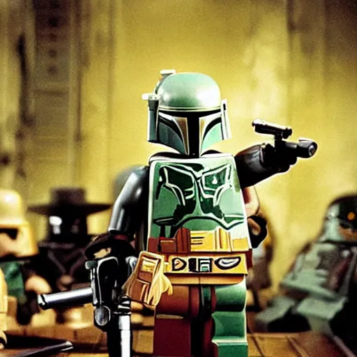 Prompt: boba fett in a scifi western saloon, movie still from star wars the empire strikes back, lego