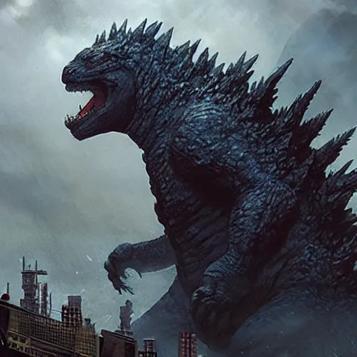 Prompt: godzilla, fantasy, greg rutkowski