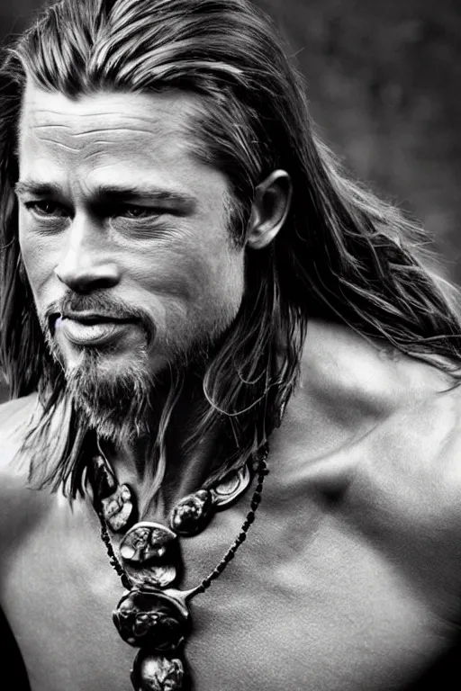 Prompt: a bw wide photo of cinematic view showing old brad pitt as viking, shaved haircut, no mustache, showing maori tattoos in the head, using leather armour, with necklace of garnets, silly expression, photorealistic, volummetric light, depth of field, detailed, texturized, zeiss lens high professional mode ipa awards, sony world photography awards, monovision